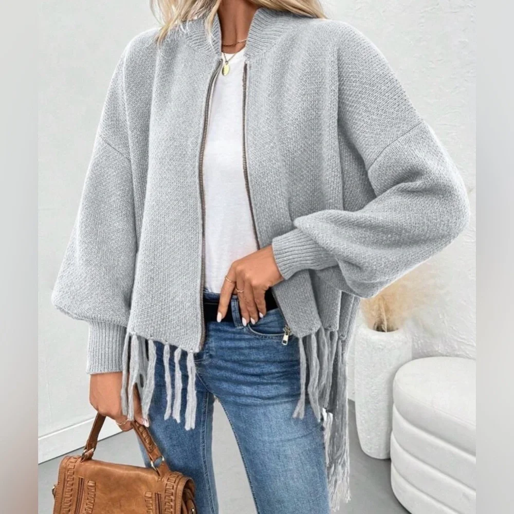 Women's Gray Fringe Sweater
